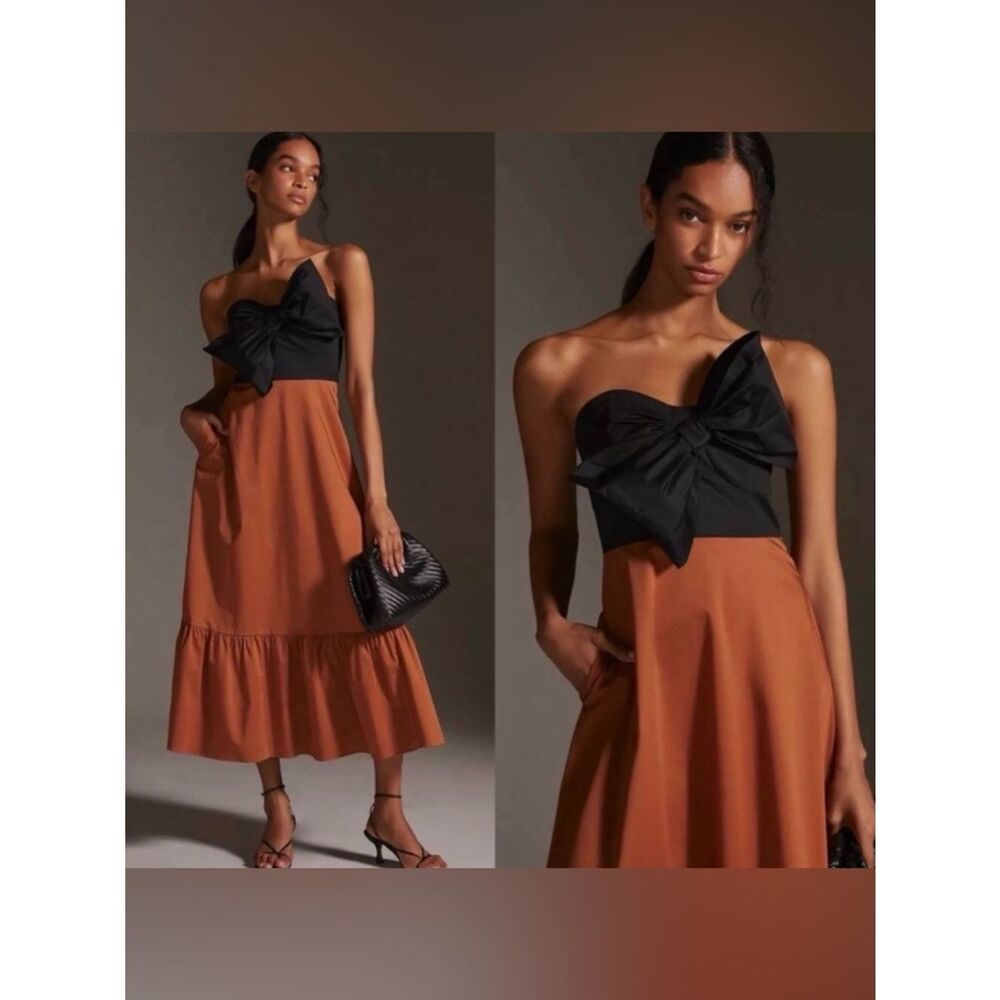 Anthropologie Hutch Bow Maxi Dress Black Brown XL Size 14 Romantic Statement